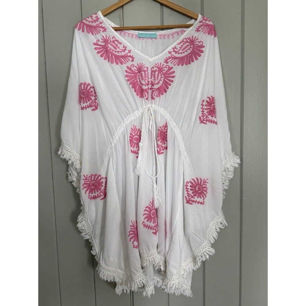 Melissa Odabash Irene Cover-Up Caftan Dress One Size Pink White Rayon Embroidery